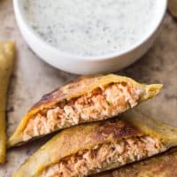 Paleo Buffalo Chicken Pizza Poppers - one ingredient dough! Plus they're served with a ridiculously good Paleo ranch dressing! A great Paleo appetizer recipe!