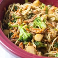This Gluten Free Lo Mein is made in the slow cooker for an easy dinner! It's packed with chicken, broccoli, water chestnuts, and carrots!