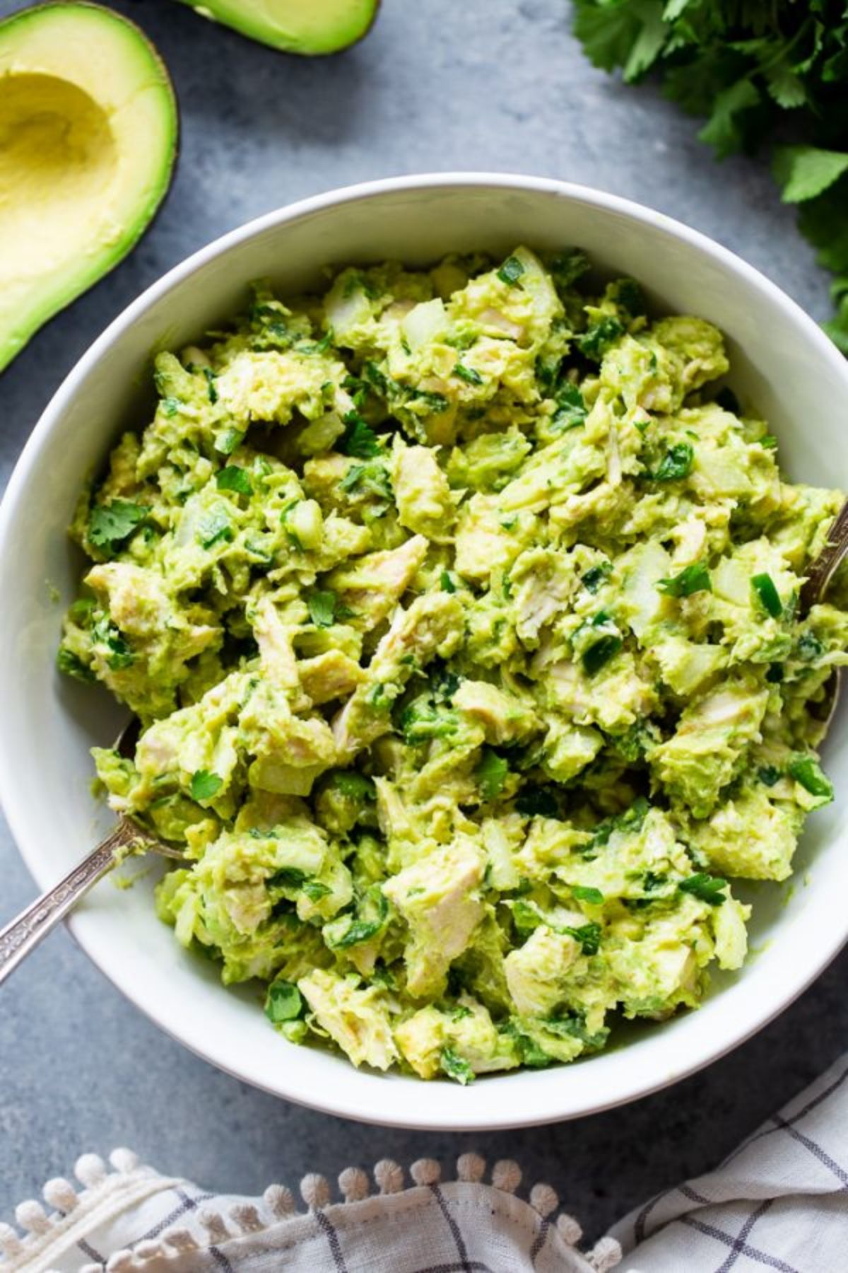 a bowl of guacamole chicken salad