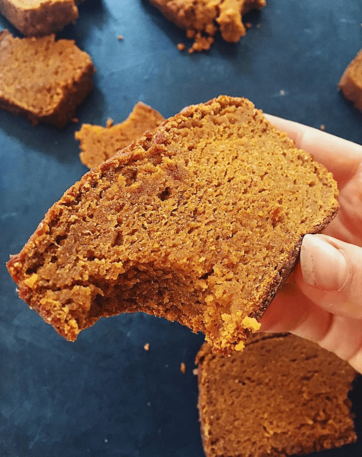 a hand holds a slice of sweet potato pumpkin spice bread. Other slices can be seen below on the counter top