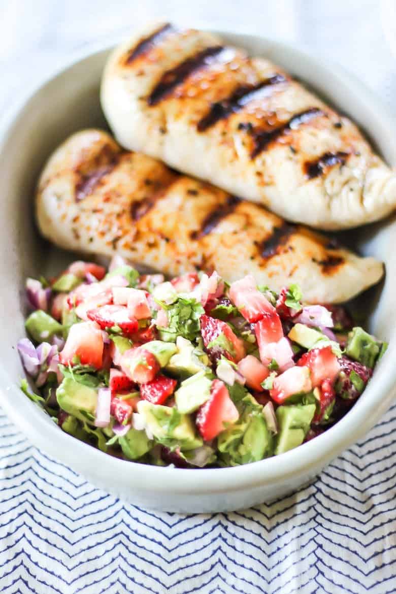 Grilled Chicken with Strawberry Avocado Salsa in a bowl