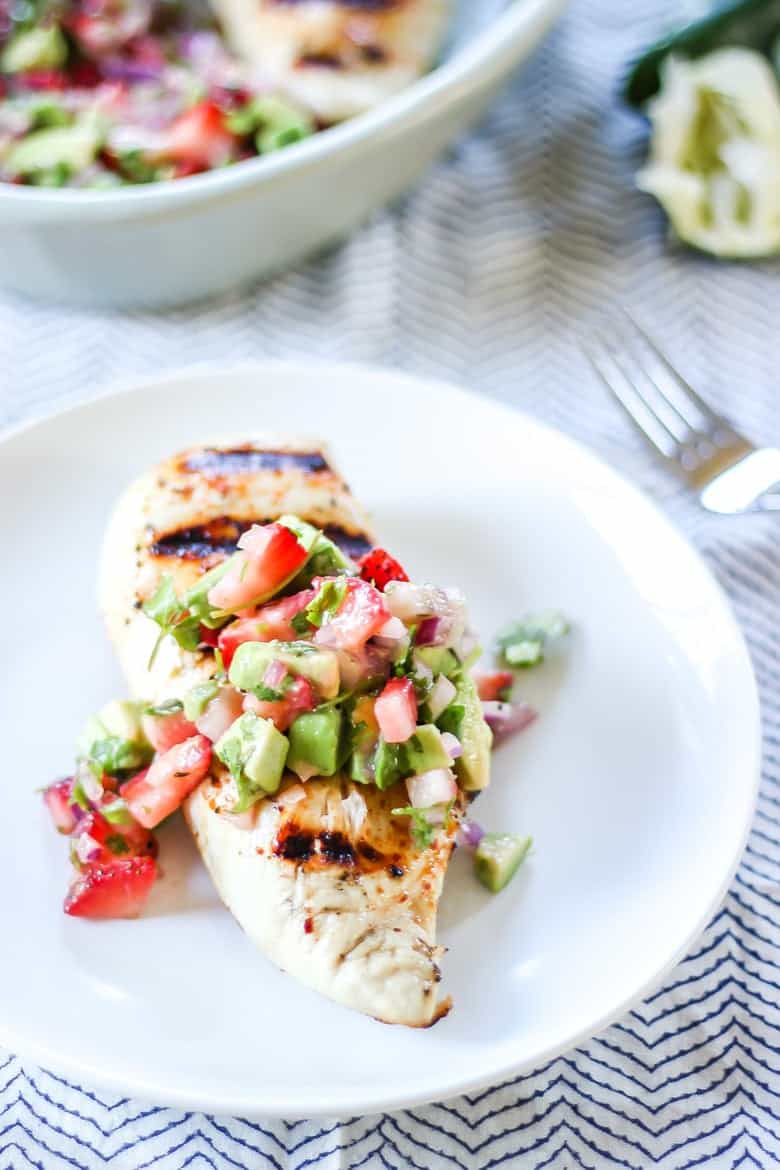 Grilled Chicken with Strawberry Avocado Salsa on a plate