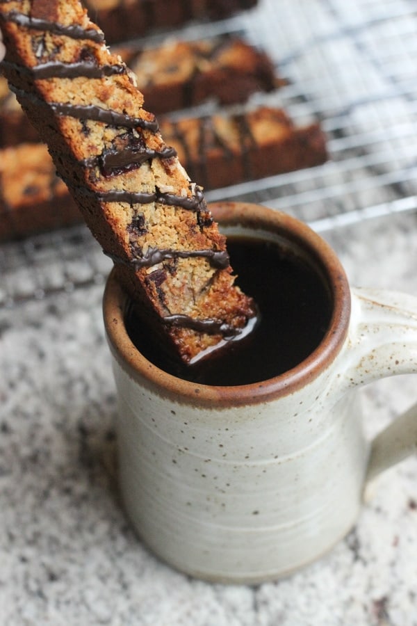 Paleo Chocolate Cranberry Coconut Biscotti dipping
