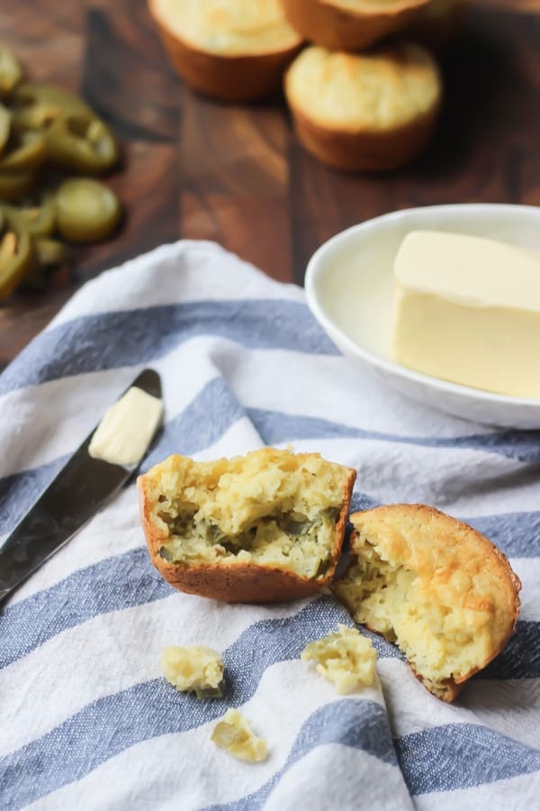 paleo corn bread recipe cut in half on dish towel