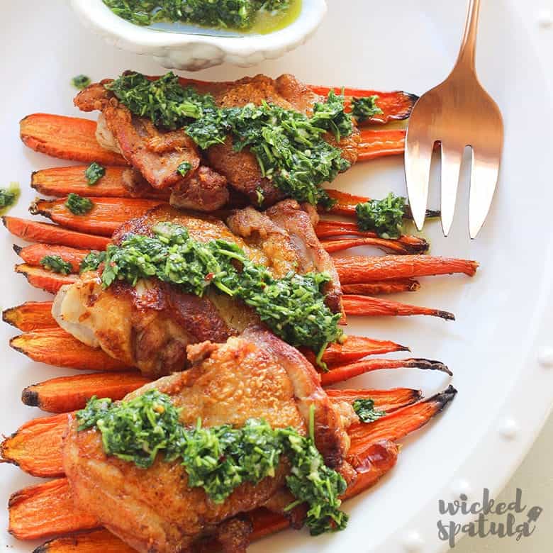 Chimichurri chicken on bed of carrots