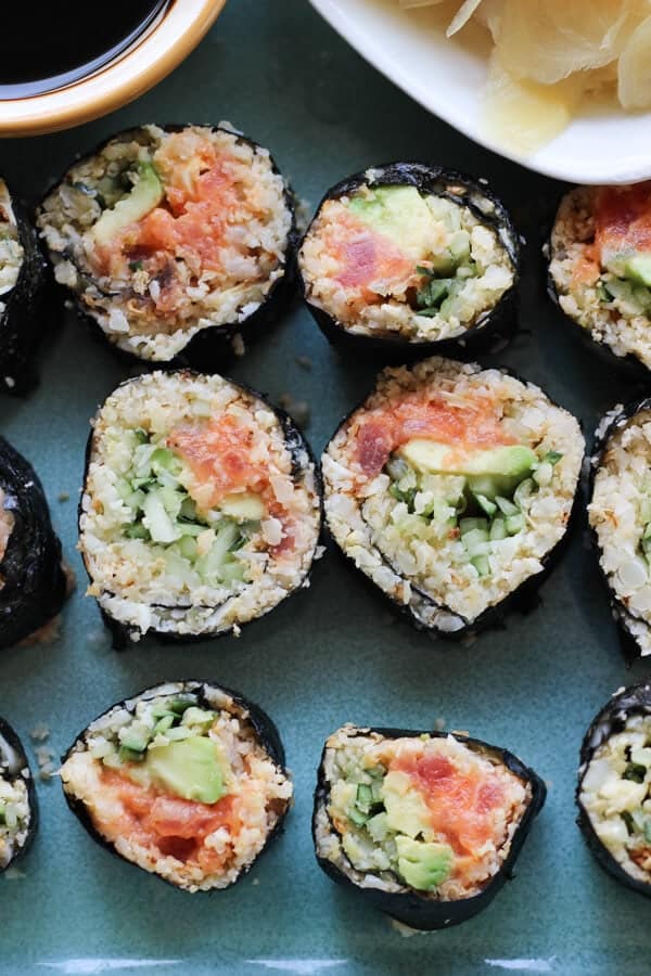 Paleo Cauliflower Rice Sushi Rolls Recipe (Spicy Tuna) - closeup of sushi roll