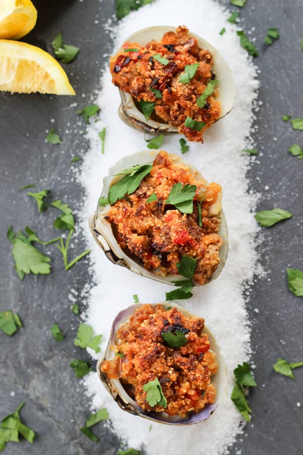 Easy Baked Stuffed Clams Recipe (Clams and Chorizo) - Three clams with chorizo.