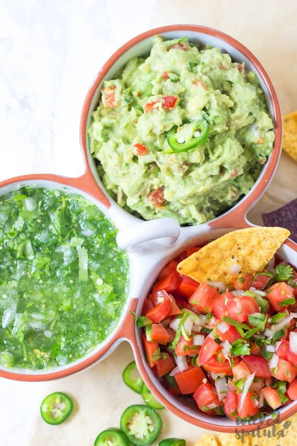 Simple homemade guacamole recipe, plus pico de gallo and tomatillo salsa