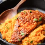 maple syurp glazed salmon on sweet potatoes