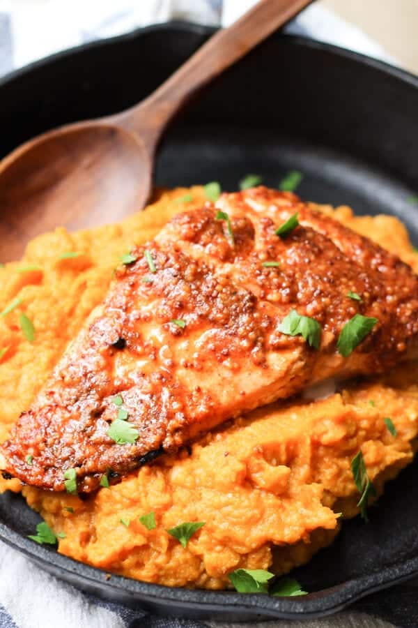 Maple Mustard Glazed Salmon Recipe - Pan with cooked salmon