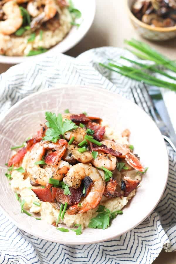 shrimp and cauliflower grits in bowl