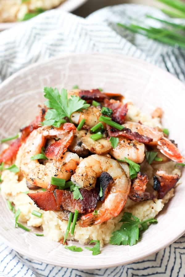 Paleo Low Carb Shrimp and Cauliflower Grits Recipe - Close up of shrimp and grits