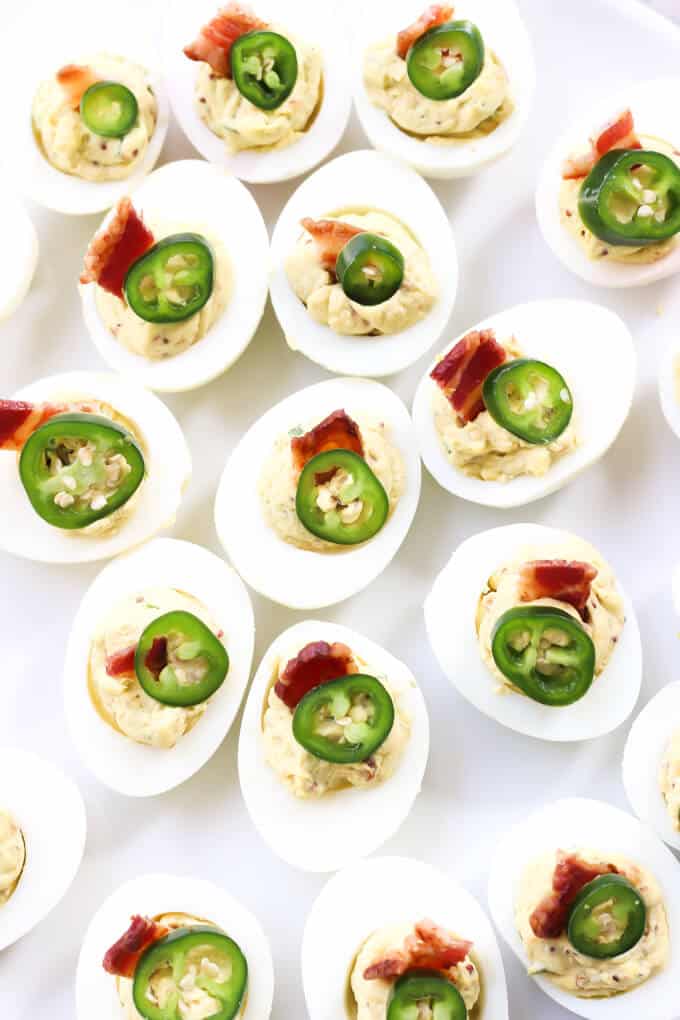 Bacon Jalapeno Deviled Eggs Recipe - Close up of deviled eggs