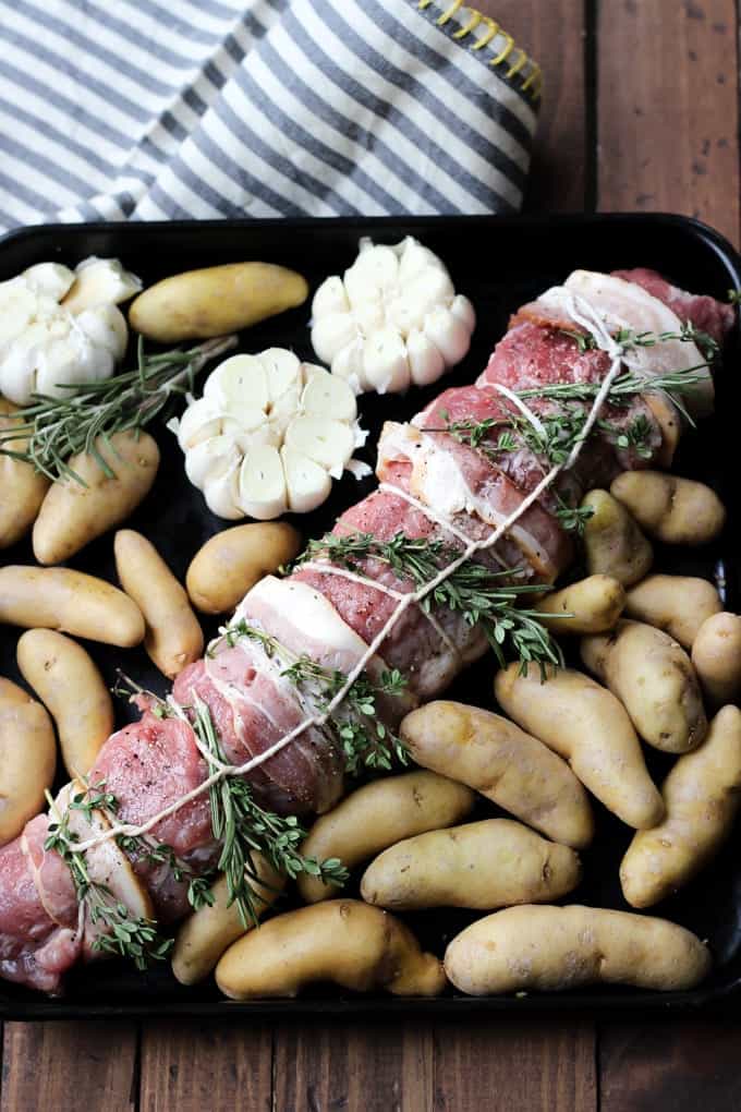One Pan Herb Roasted Pork Loin on baking tray