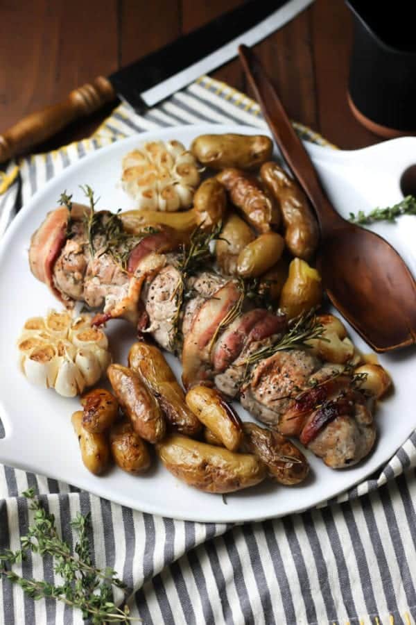 One Pan Herb Roasted Pork Loin, Potatoes, and Garlic