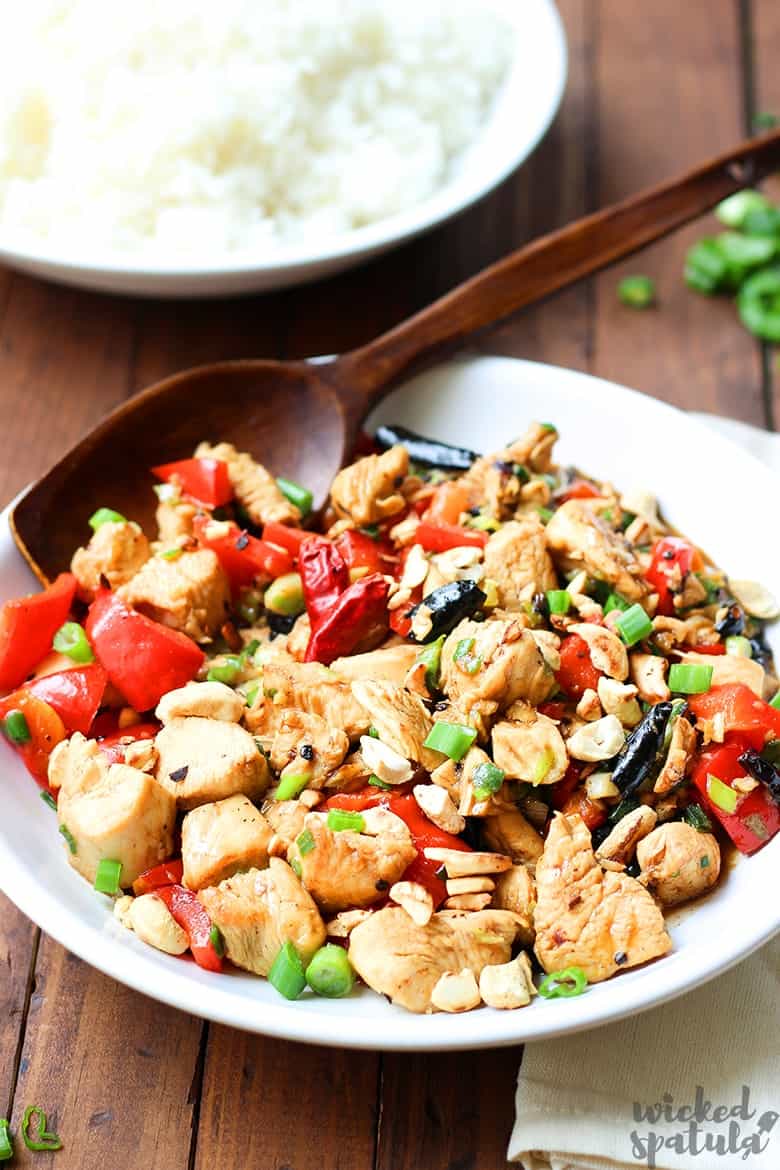 Kung Pao chicken recipe with wooden spatula