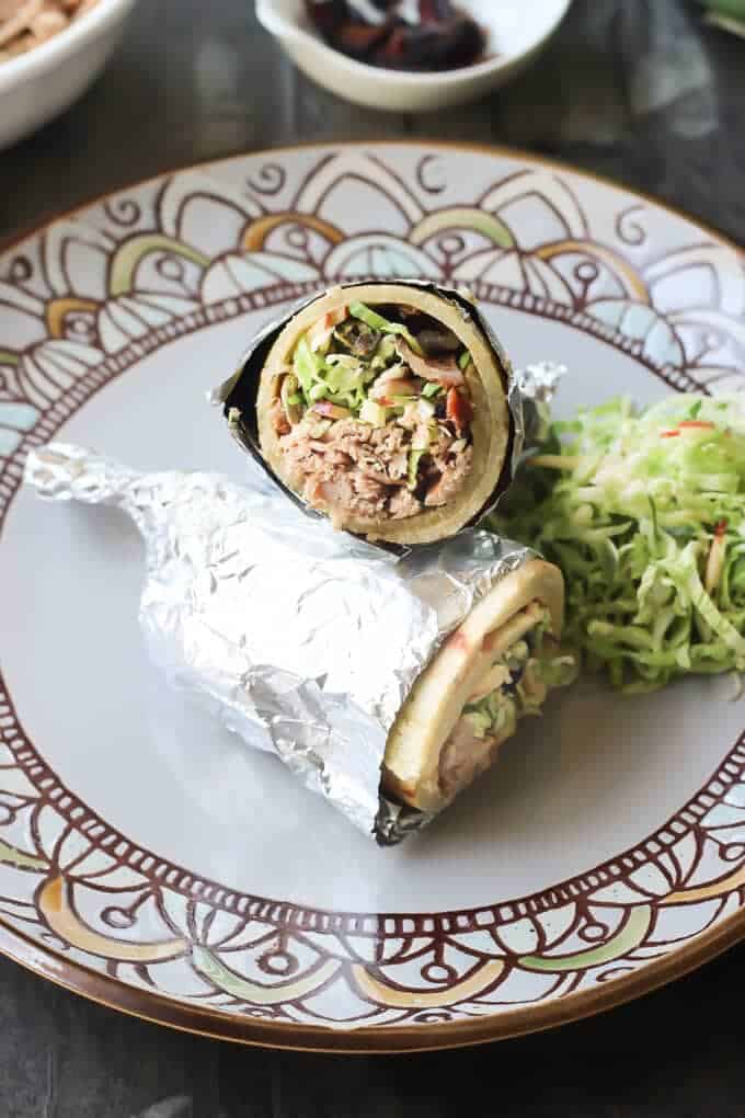 Paleo Pulled Pork Burritos with Brussels Sprout Apple Slaw