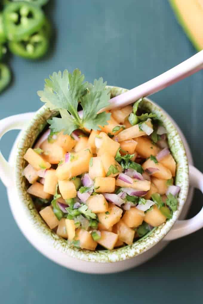 Cantaloupe salsa in a bowl