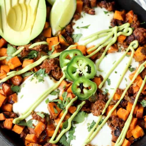 Sweet Potato Chorizo Hash with Avocado Crema and Eggs Recipe
