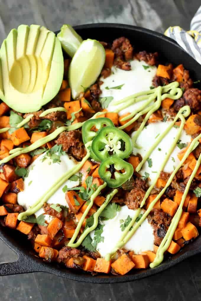 Sweet Potato Chorizo Hash with Eggs and Avocado Crema close-up