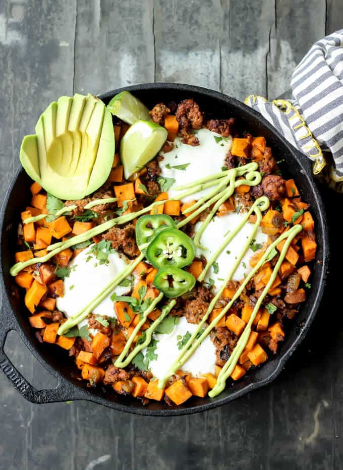 Sweet Potato Chorizo Hash with Eggs and Avocado Crema {PALEO}