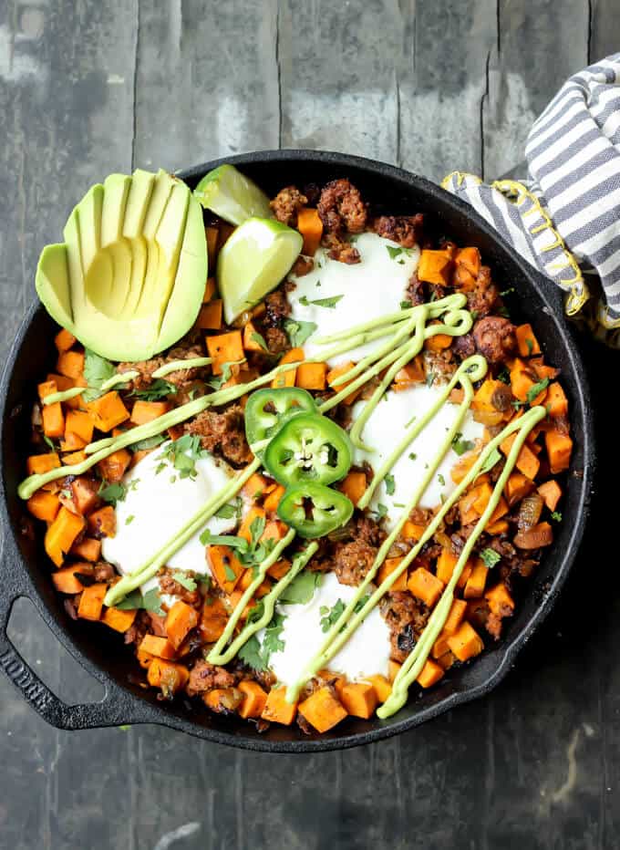 Sweet Potato Chorizo Hash with Eggs and Avocado Crema {PALEO}