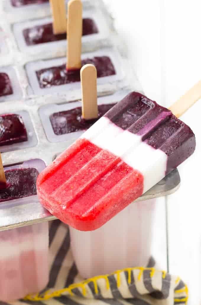 real fruit popsicles made with strawberries and blueberries