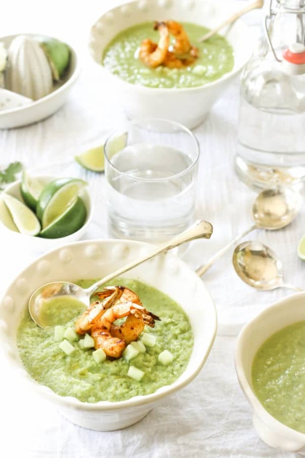 This Paleo Spicy Green Tomato Gazpacho with Grilled Shrimp is the perfect summertime soup | wickedspatula.com