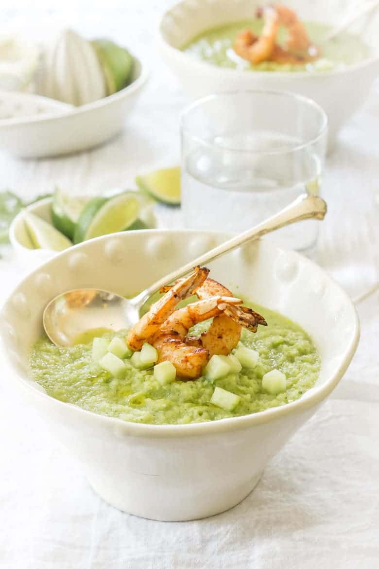 This Paleo Spicy Green Tomato Gazpacho with Grilled Shrimp is the perfect summertime soup