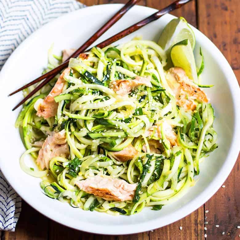 bowl of zucchini noodle salad with chopsticks