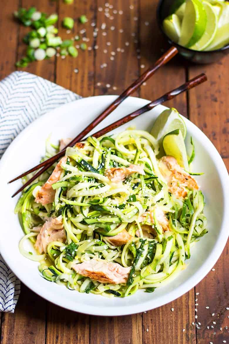 bowl filled with zucchini noodles and salmon