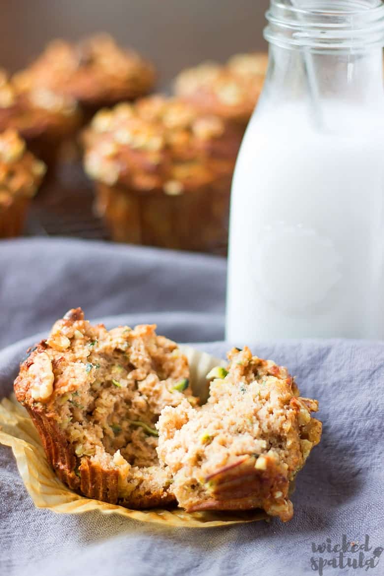 almond flour zucchini muffins - broken in half