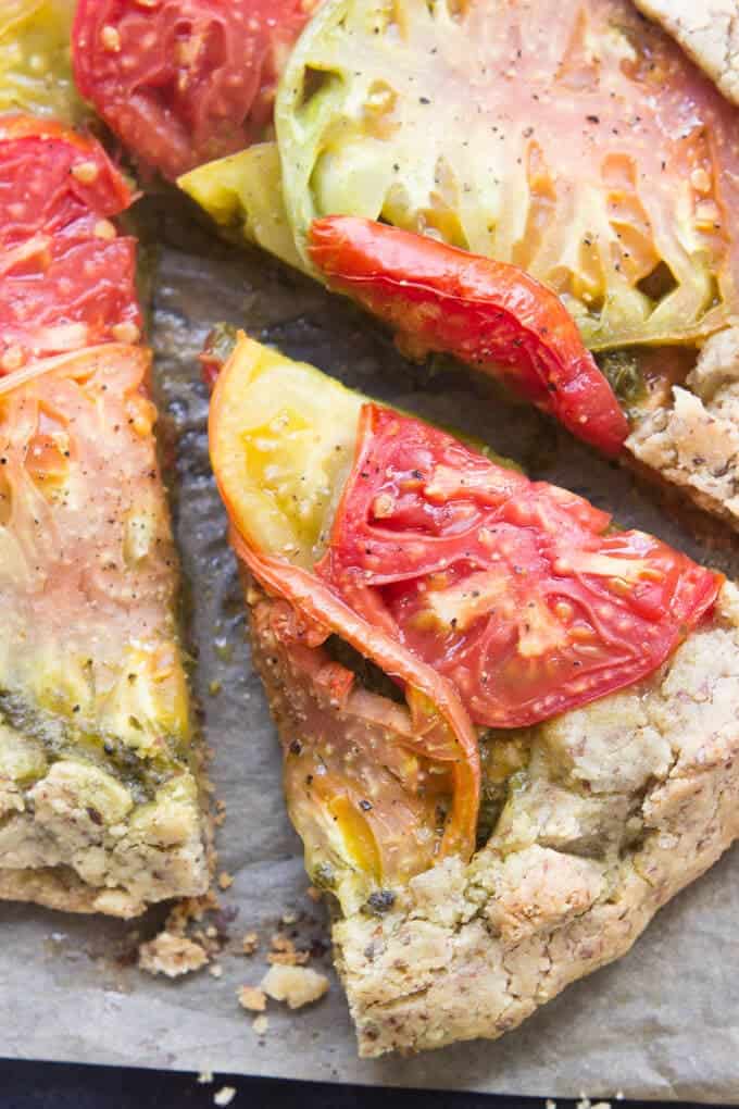 Rustic Paleo Tomato Galette with Arugula Basil Pesto close-up