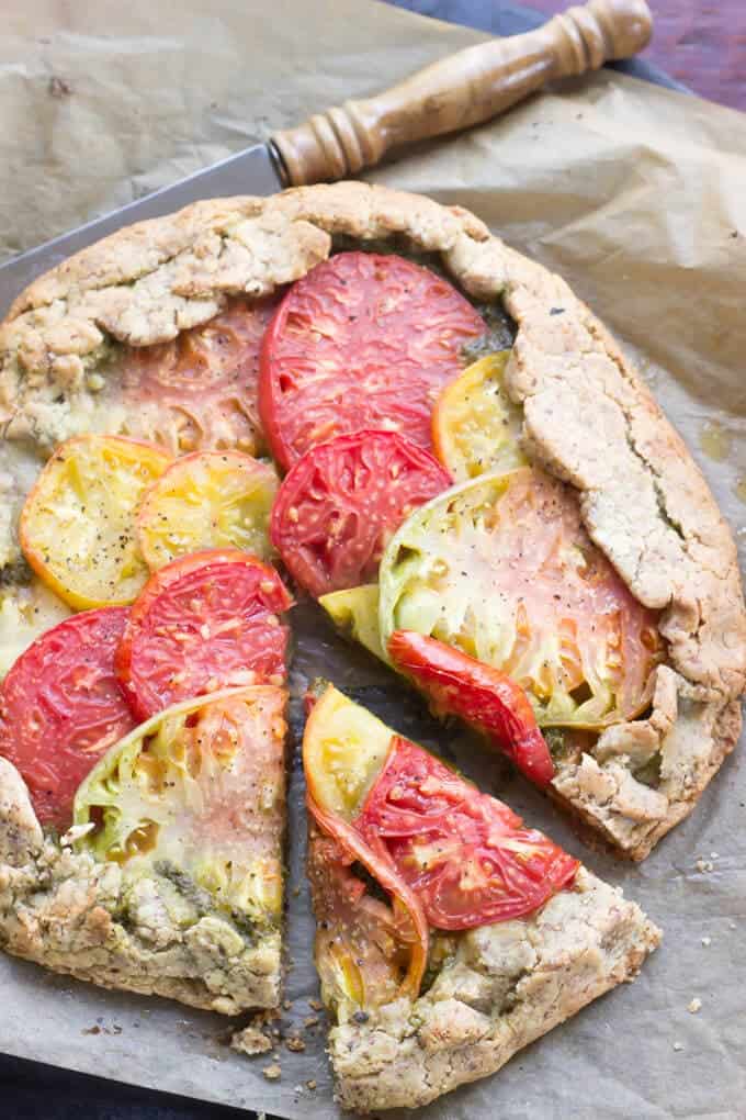 Rustic Paleo Tomato Galette with Arugula Basil Pesto | wickedspatula.com