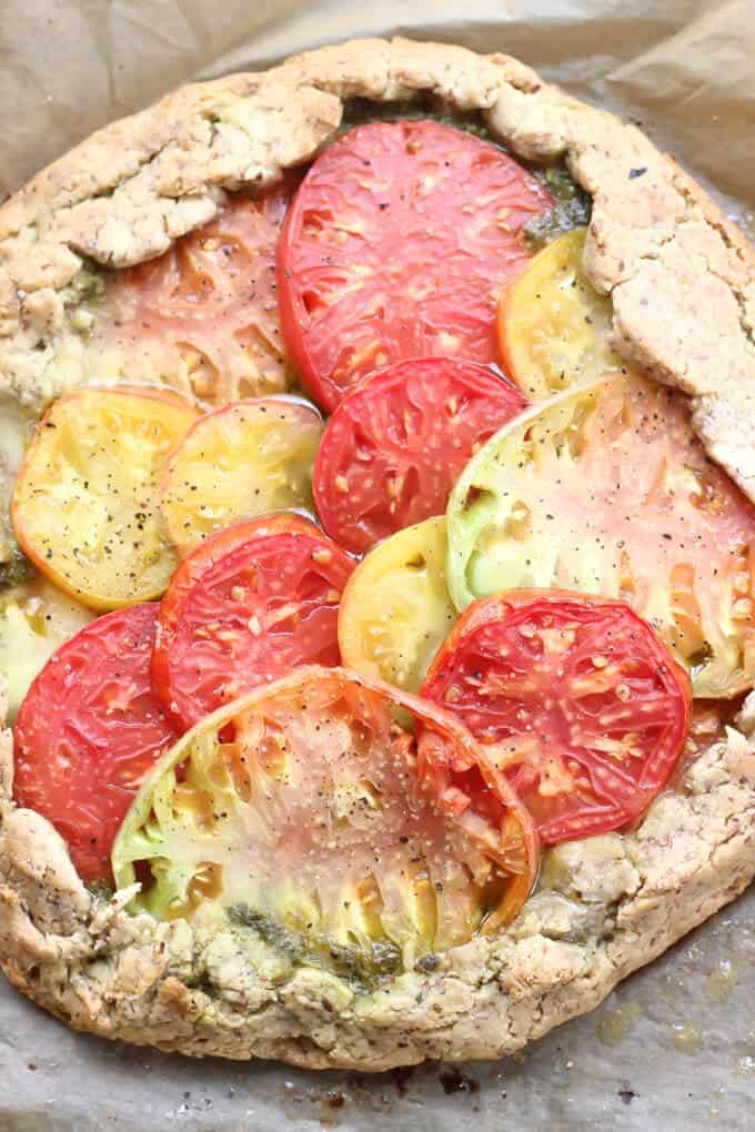 Rustic Paleo Tomato Galette with Arugula Basil Pesto cooked