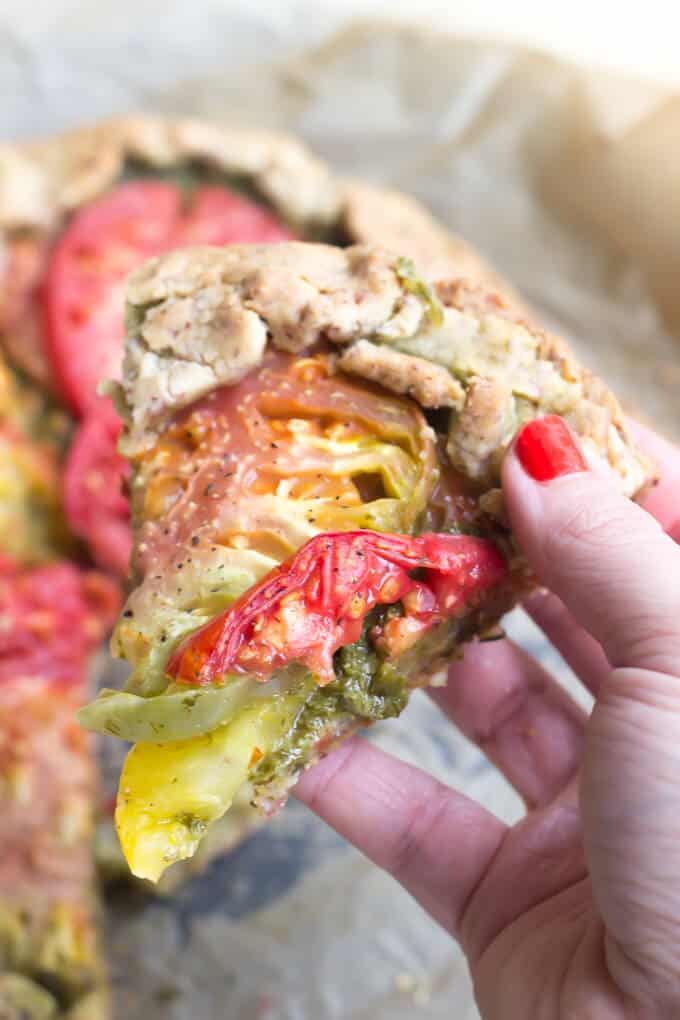 Rustic Paleo Tomato Galette with Arugula Basil Pesto on hand