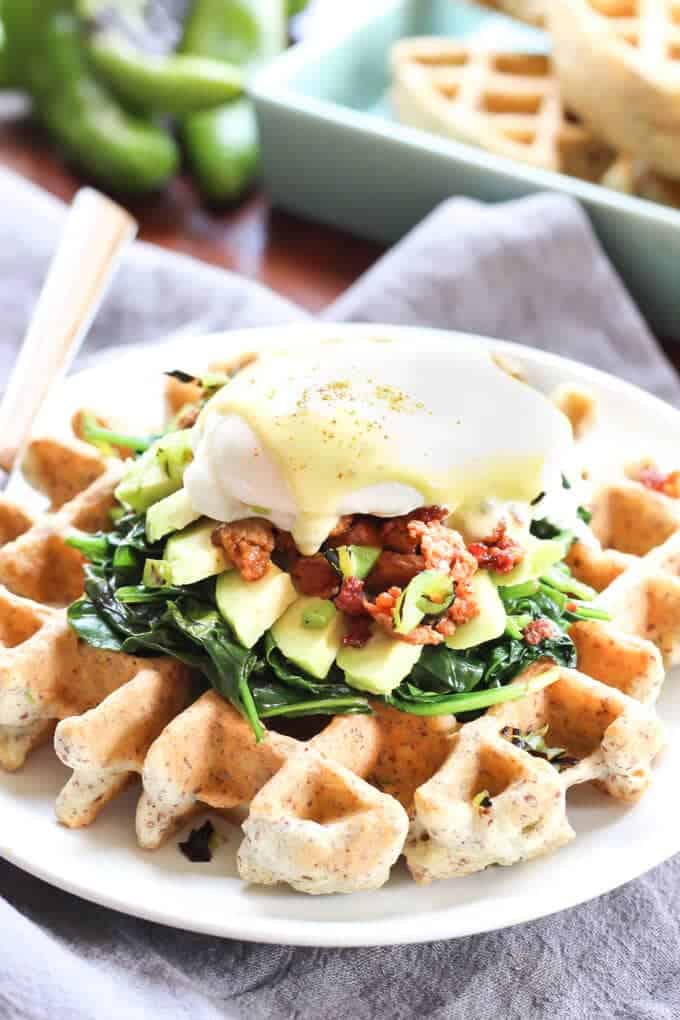 Hatch Chile Waffles Eggs Benedict - These Paleo waffles are perfect for breakfast, lunch, or dinner! | wickedspatula.com
