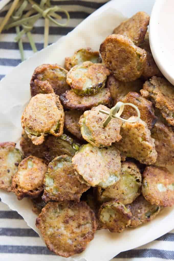Paleo Fried Pickles! This easy recipe will have you snacking on salty crunchy fried pickles in no time! | wickedspatula.com