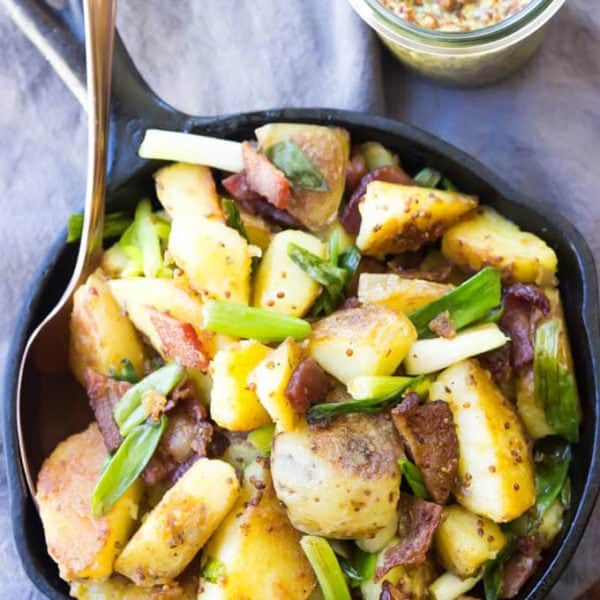Overhead shot of German Fried Potatoes in Skillet