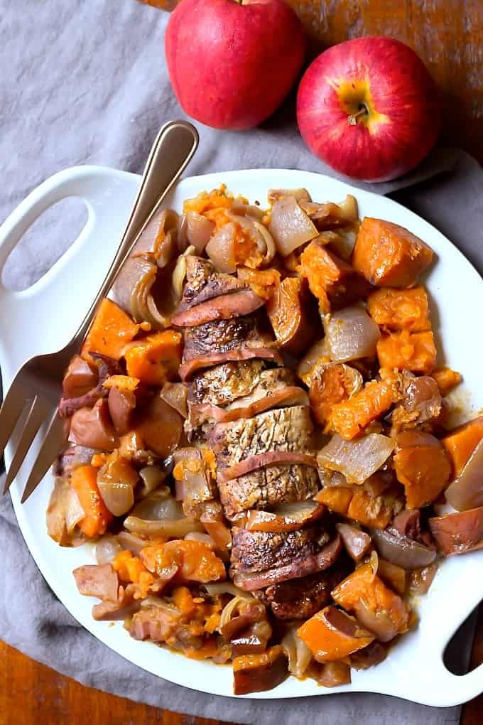 Crock Pot Pork Tenderloin With Apples Recipe - finished tenderloin on plate