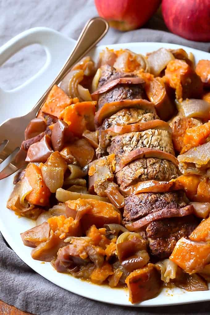 Crock Pot Pork Tenderloin With Apples Recipe - Plate with tenderloin and vegetables