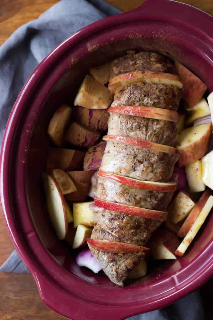 Crock Pot Pork Tenderloin With Apples Recipe - Photo of tenderloin in slow cooker