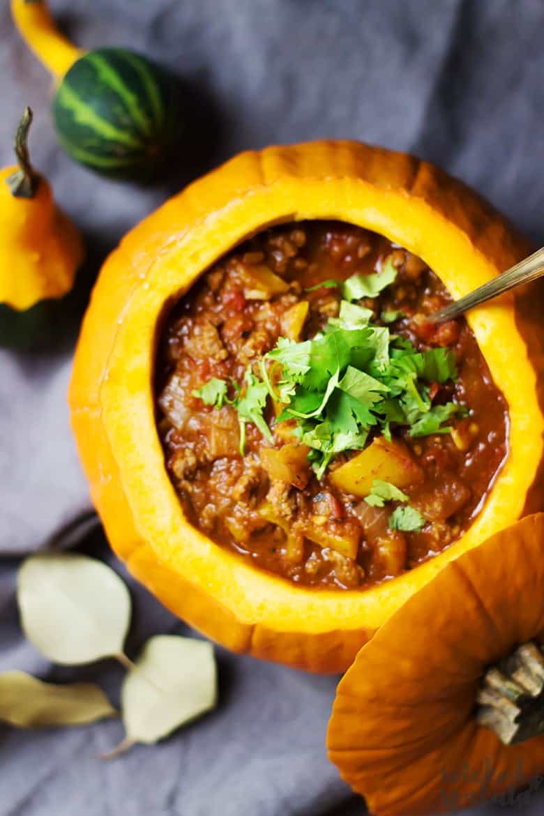 paleo pumkin chili in a pumpkin bowl