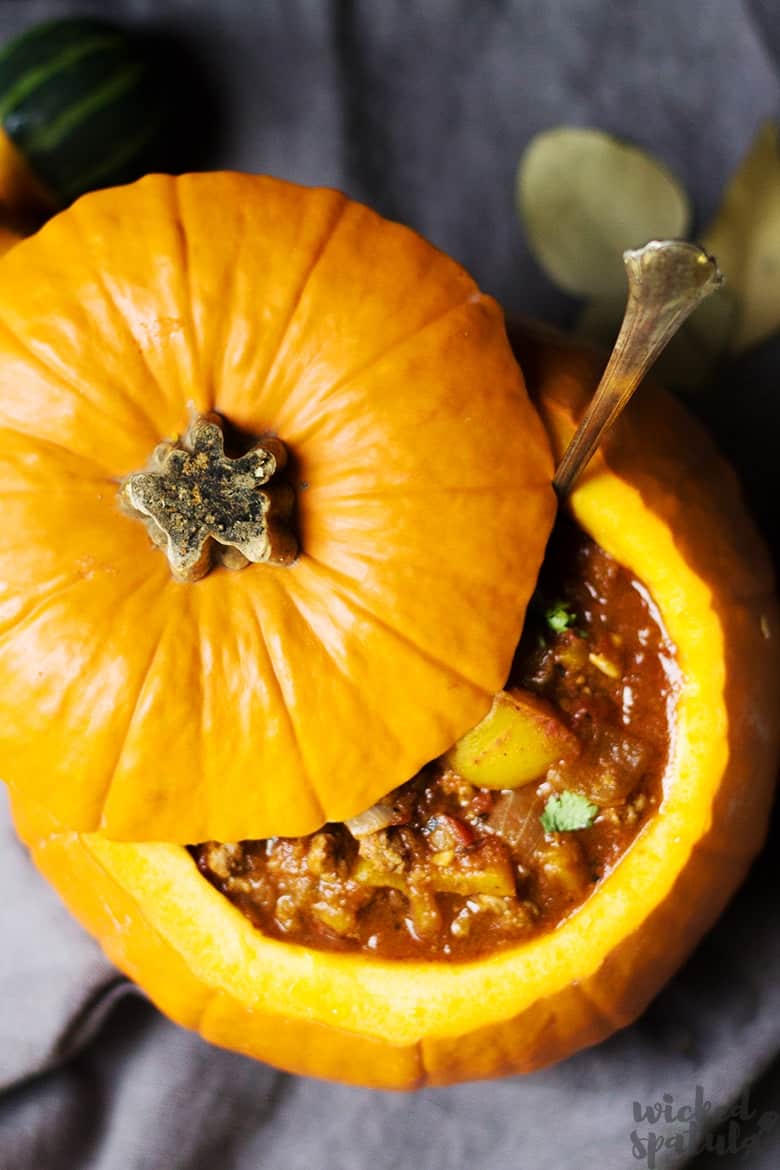 paleo pumkin chili in a pumpkin bowl