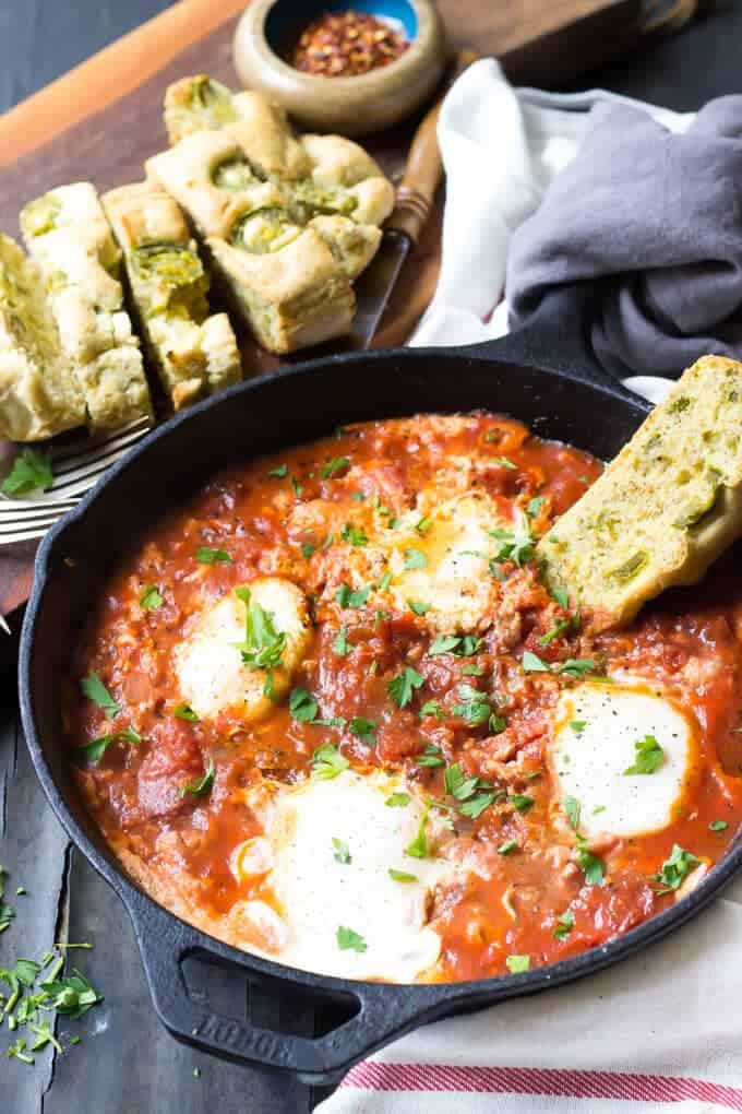 Easy Paleo Eggs In Hell Recipe - Pan with eggs in hell.