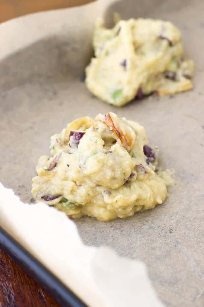 Olive, Caramelized Onion, and Herb Drop Biscuits dough