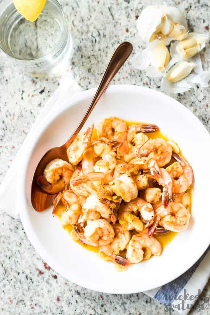Sauteed Garlic Shrimp Recipe (Gambas al Ajillo) in a bowl with a spoon