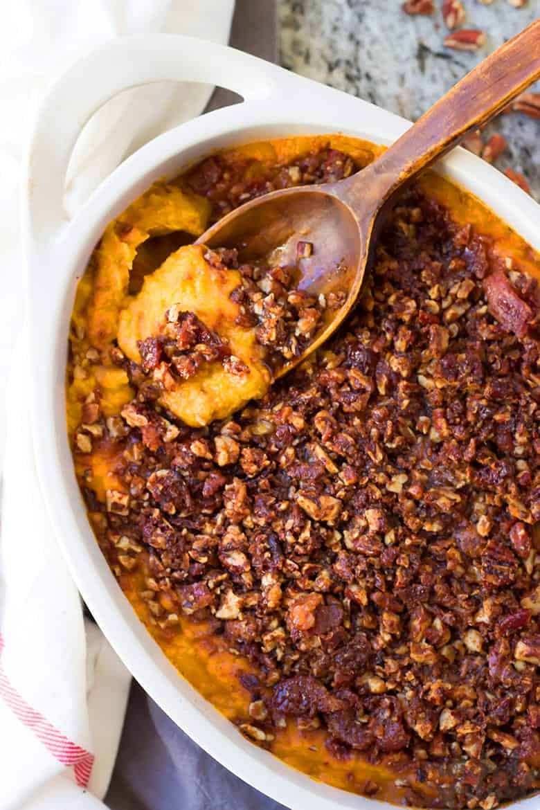 Paleo Sweet Potato Casserole in a casserole dish