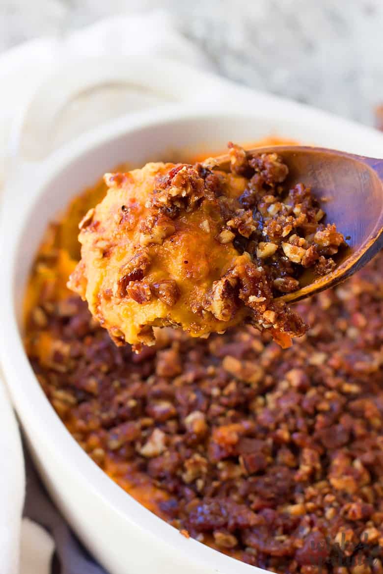 healthy sweet potato casserole with bacon streusel