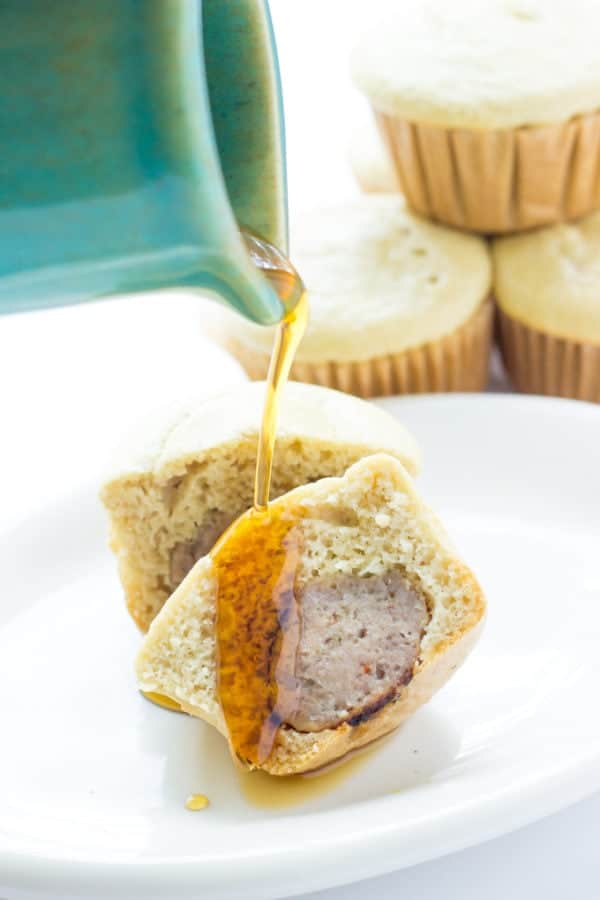 Paleo Pancake Sausage Bites - Soft fluffy pancake muffins stuffed with breakfast sausage! They're the perfect on-the-go breakfast and kids LOVE them!